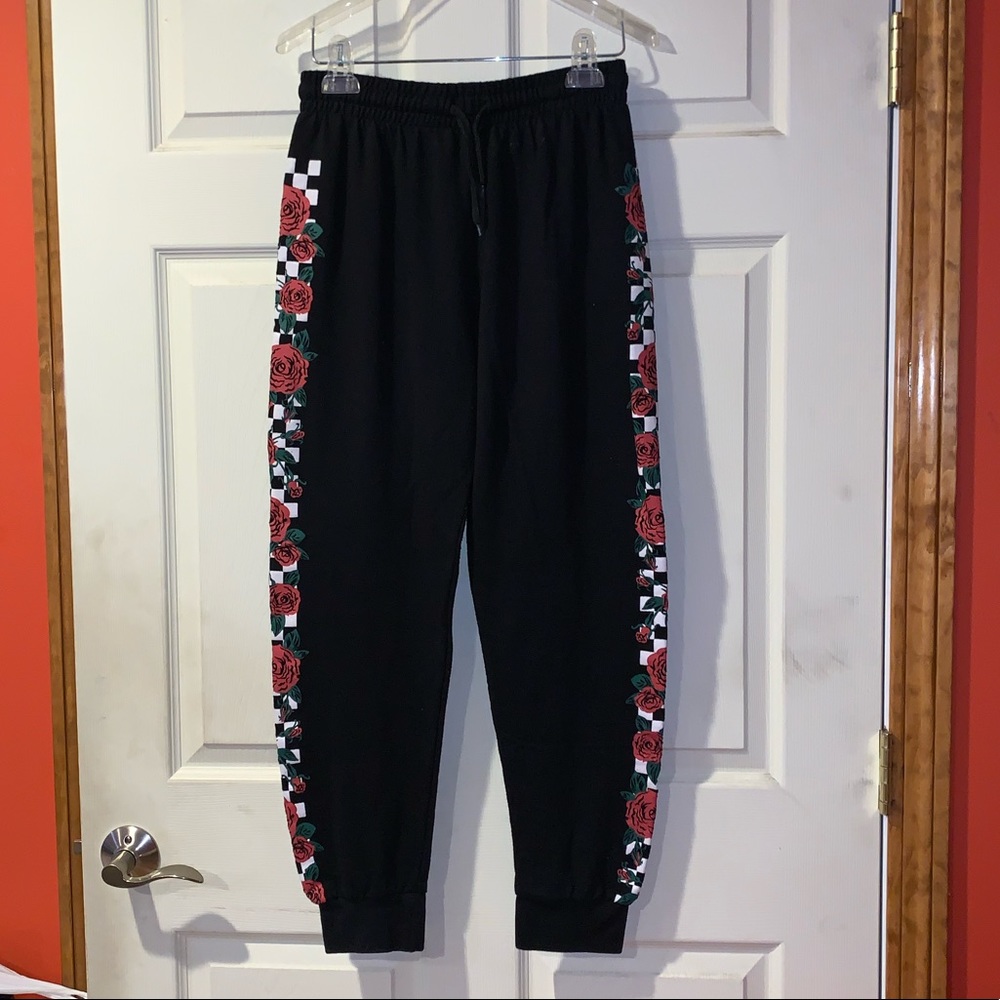 Black Joggers with Rose Petal Design